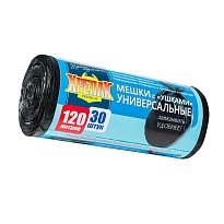 Мешки для мусора 120 л, с ушками, черные, в рулоне 30 шт., ПНД, 15 мкм, 1100х700 мм, Крепак, 4607075710375 в Ярославле Мешки для мусора 120 л, с ушками, черные, в рулоне 30 шт., ПНД, 15 мкм, 1100х700 мм, Крепак, 4607075710375 в Ярославле